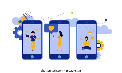 Employer business mobile screen illustration. Man and woman talk chat with laptop job concept vector. Flat businessperson office work background application online. Phone colleague banner