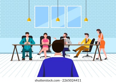 Empleador y candidato hablando en una entrevista de trabajo. Entrevista laboral y empleo, reunión de negocios y contratación. Ilustraciones vectoriales