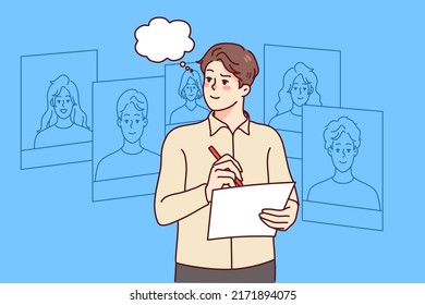 Employer choose employee from digital CV demonstration. Boss or recruiter hire personnel or staff. Concept of employment and HR. Vector illustration. 