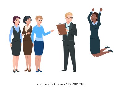 Employer choose worker. Man recruit from crowd women. Happy hired person and dissatisfied employees. Business promotion and success vector
