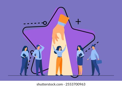 Employer choosing best professional in group of candidates, giving hand to woman under spotlight. Vector illustration for employment, HR, talent, candidate selection concept