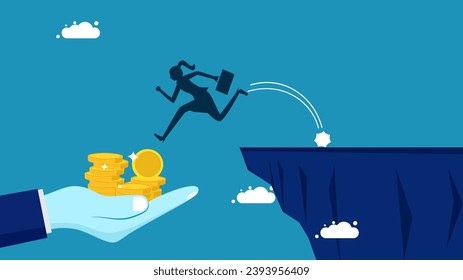 Employer concept. Businesswoman jumps off cliff into big hand with pile of coins 