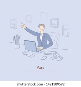Employer giving out commands, mad office worker in suit, company owner in office, stock broker at computer banner