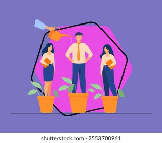 Employer growing business professionals metaphor. Hand watering plants and employees in flowerpots. Vector illustration for growth, development, career training concept