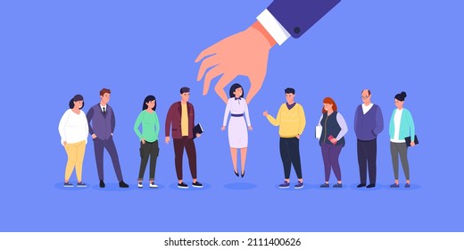 Employer hand chooses. Human select recruit, choosing talent business employee for interview, hiring selection people, hr job hunter search match, vector illustration. Search employer and human choose