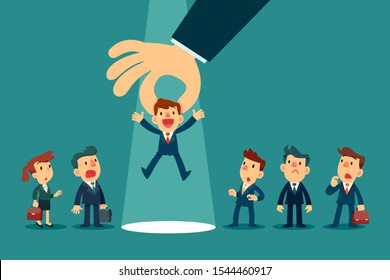 Employer hand choosing a businessman by pick him up from a group of business people. Business recruitment. Business competition concept.