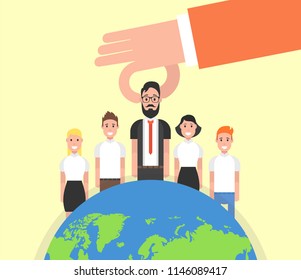Employer hand choosing man from selected group of people. Recruitment business concept. Human recruitment, select and choice. Vector illustration.
