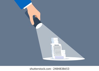 Employer hand shining flashlight on stack of resumes illuminating top talent focused candidate search finding best detailed scrutiny