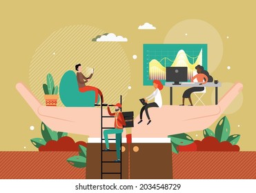 Employer hands holding office people, flat vector illustration. Employee care, wellbeing, benefits. Corporate insurance.