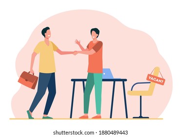 Employer hiring candidate. Men shaking hands at vacant workplace flat vector illustration. Employment, job, career concept for banner, website design or landing web page