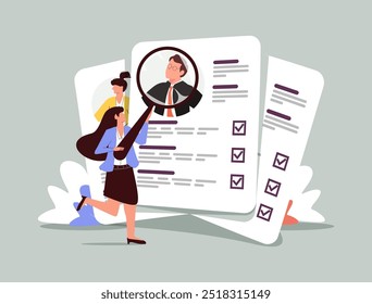 Contratação e recrutamento de empregadores com triagem de documentos de CV de emprego. Profissional de recursos humanos, headhunter procurando candidatos, funcionários. Ilustração de vetor plano isolada no plano de fundo branco