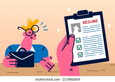 Employer hold job candidate resume speak on interview in office. Smiling male work applicant have recruitment talk with boss or HR. employment and career concept. Vector illustration. 