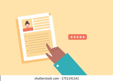 Employer or HR evaluating CV, resume. Dark skin color hand pointing at CV template with photo of woman character. Hiring, job interview, recruitment concept. Flat cartoon vector illustration.