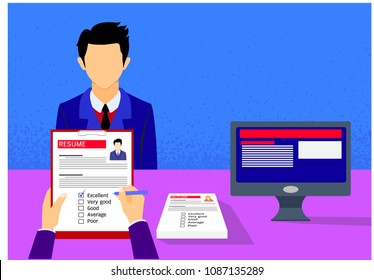 Employer interviewing, check information on internet and evaluate the candidate. Vector illustration