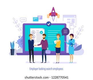 Employer Looking Search Employees. Conduct An Interview With Candidate For Job, Human Resources Management, Personnel Department. Recruitment For Joint Start-up Project, Teamwork. Vector Illustration.