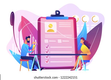 Employer meeting job applicant at pre-employment assessment. Employee evaluation, assessment form and report, performance review concept. Bright vibrant violet vector isolated illustration