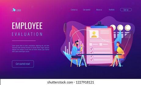 Employer Meeting Job Applicant At Pre-employment Assessment. Employee Evaluation, Assessment Form And Report, Performance Review Concept. Website Vibrant Violet Landing Web Page Template.