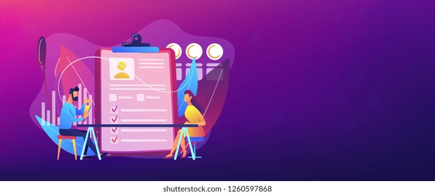 Employer Meeting Job Applicant At Pre-employment Assessment. Employee Evaluation, Assessment Form And Report, Performance Review Concept. Header Or Footer Banner Template With Copy Space.