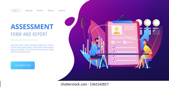 Employer meeting job applicant at pre-employment assessment. Employee evaluation, assessment form and report, performance review concept. Website vibrant violet landing web page template.