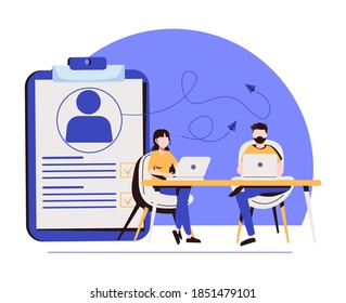 Employer meeting job applicant at pre-employment assessment. Employee evaluation, assessment form and report, performance review concept. Living coral blue vector isolated illustration