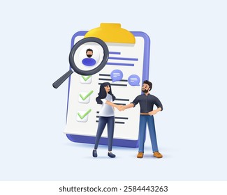 Employer meeting job applicant at pre-employment assessment, 3D illustration. Employee evaluation, assessment form and report, performance review concept. Modern vector isolated illustration