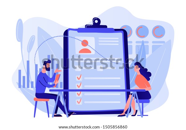 Employer\
meeting job applicant at pre-employment assessment. Employee\
evaluation, assessment form and report, performance review concept.\
Living coral blue vector isolated\
illustration