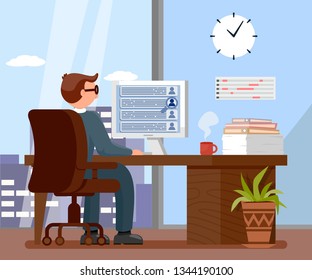 Employer in Office Flat Vector Illustration. Workplace, Workspace Interior. HR Agency Worker Cartoon Character. Resume, CV Database. Employment Service. Job Interview Schedule. Candidates Searching