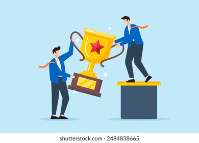 Employer presenting trophy to candidate at podium rewarding top talent recognizing excellence hiring achievements