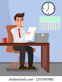 Employer in Private Office Vector illustration. HR Manager Reading Job Application, CV, Resume. Clock, Calendar on Wall. Man Working on Laptop. Coffee Cup on Table. Boss Holding Document, Paper