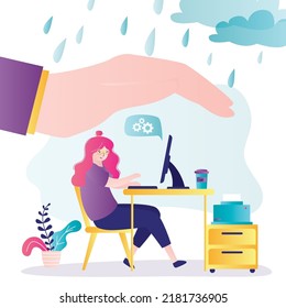 Employer protects and supports valuable employee. Hand covering office worker from rain. Management provides guarantee of safety for workers. Businesswoman working at workplace. Vector illustration