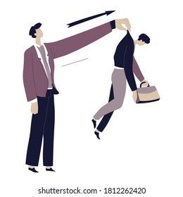 Employer sacking employee, isolated boss throwing away worker holding briefcase. Angry company director dealing with problem businessman. Unemployment and losing job, conflict vector in flat style