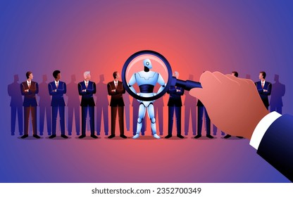 Employer searching for candidates, with a robot standing out as the preferred choice. Recruitment and automation in business. intricacies of hiring, the intersection of human and robotic skills