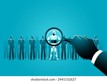 Empleador en busca de candidatos, con un robot que se destaca como la opción preferida. Reclutamiento y automatización en los negocios. complejidades de la contratación, la intersección de habilidades humanas y robóticas