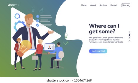 Employer setting objectives to team. Idea, aims, laptop. Efficiency concept. Vector illustration can be used for topics like business, work, time management