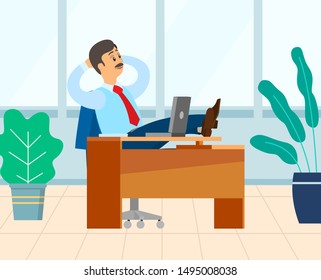Employer sitting in his office vector, male relaxing on table. Workplace with computer and decoration, male wearing formal clothes having coffee break