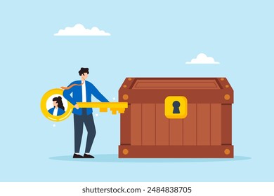 Employer unlocking treasure chest with candidate profiles key discovering hidden talent finding valuable potential hires recruitment