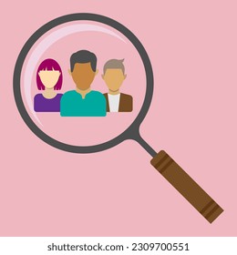 Employer use lens for research job candidate for select qualified labor, organization looking for good staff or company job vacancy concept, vector flat style editable object