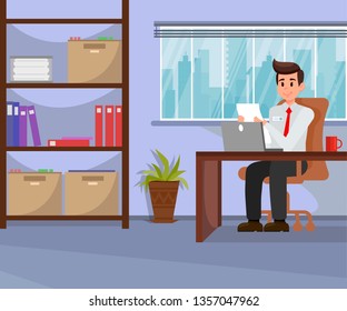 Employer Working in Office Vector illustration. HR Manager Reading Job Application, CV, Resume. Man Using Laptop. Office Worker Character. Workplace, Workspace. Boss Holding Document, Paper