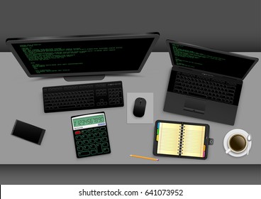 Employer workplace from above on gray office table. Black modern computer laptop smartphone notebook organizer calculator coffee with shadow on gray background. Business concept