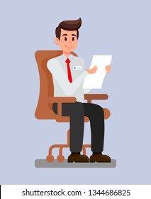 Employer At Workplace Cartoon Vector Illustration. HR Manager Reading Job Application, CV, Resume. New Office Worker, Manager With Badge. Boss Holding Document, Paper. Character Sitting On Desk Chair