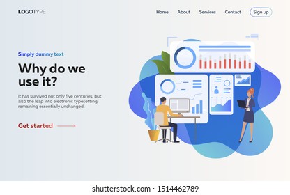 Employers analyzing infographics landing page. Laptop, screen, diagrams. Efficiency concept. Vector illustration can be used for topics like business, work, time management