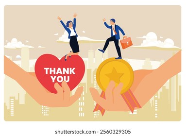 Employers give appreciation to the best employees with symbols of thanks and appreciation. Recognition of the best employees. Employee Appreciation Day concept. Flat vector illustration.