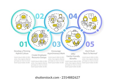 Employers supporting working parents ways circle infographic template. Data visualization with 5 steps. Editable timeline info chart. Workflow layout with line icons. Myriad Pro-Regular font used