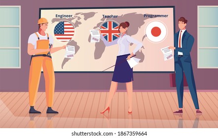 Employment abroad flat composition with indoor scenery characters of engineer teacher and programmer with world map vector illustration