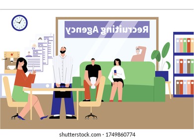 Employment agency flat composition with office interior and job candidates with cv waiting for their turn vector illustration