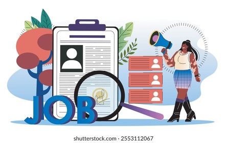 Mujer de agencia de empleo. Mujer con altavoz y lupa cerca de lista de candidatos para vacante. Gerente de Recursos Humanos. Headhunting y reclutamiento. Ilustración vectorial plana aislada sobre fondo blanco