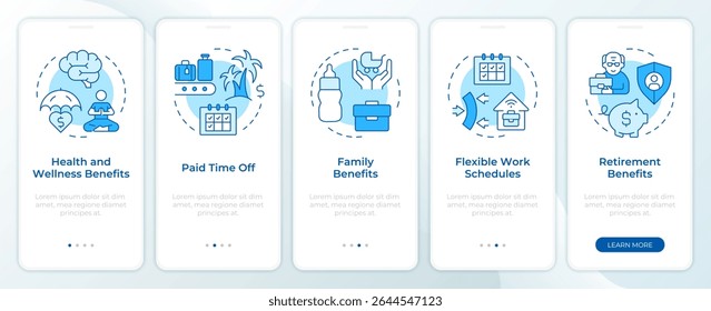 Employment benefits blue onboarding mobile app screen. Work schedule. Walkthrough 5 steps editable graphic instructions with linear concepts. UI, UX, GUI
