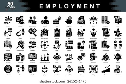 The Employment black icon set captures essential elements of hiring, workforce dynamics, and job search. Ideal for recruitment platforms, career planning, and human resource development.
