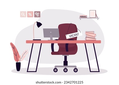 Employment, concept. Empty modern workplace. Office chair with sign - vacant. Search for personnel and staff. We are hiring. recruiting process. The problem of unemployment. flat vector illustration