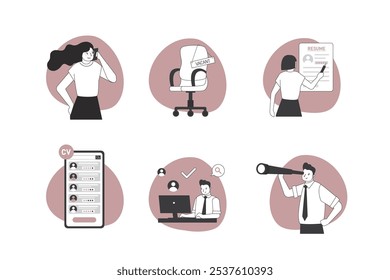 Employment, concept. Empty modern workplace. Office chair with sign - vacant. Search for personnel and staff. We are hiring. recruiting process. The problem of unemployment. flat vector illustration